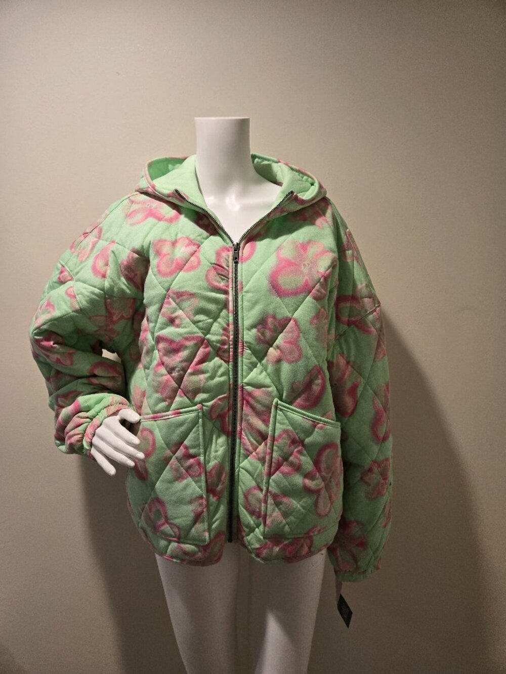 NWT Wild Fable Floral Quilted Jacket Mint Green Pink L